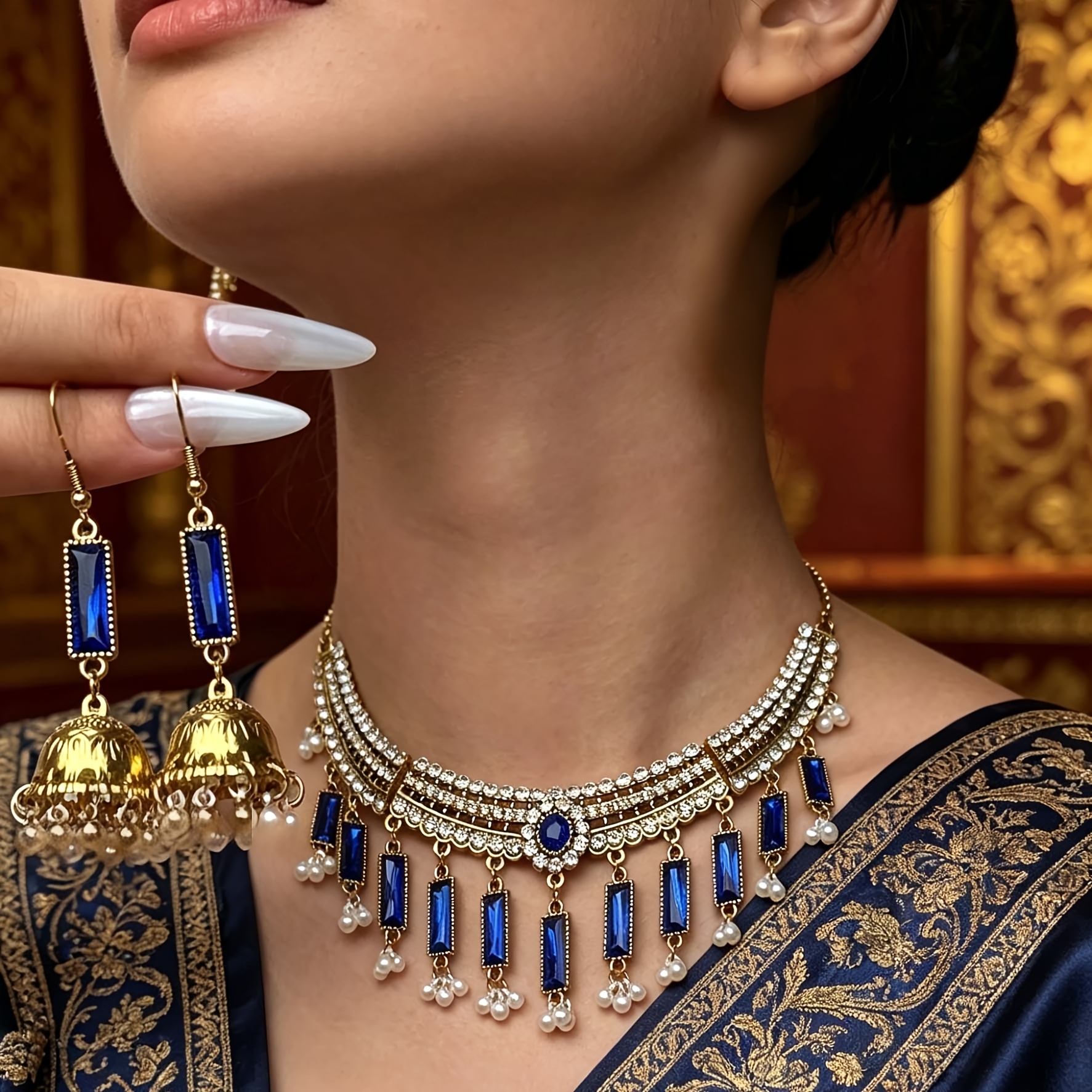 Vintage Golden Tone Black Choker & Bell Drop Earrings Set